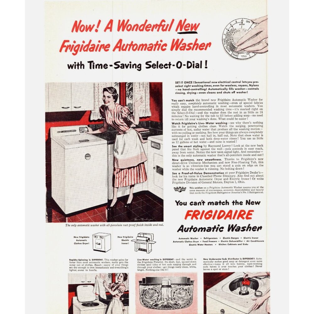 1950 Frigidaire Automatic Washer Washing Machine Vintage Print Ad 50s Wall Art